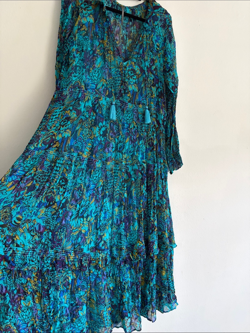 Anthropologie Teal Floral Long Sleeve Tiered Maxi Dress - Picture 8 of 9